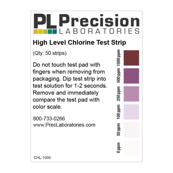 High Level Chlorine strips 0-1000 ppm 50pk (free)